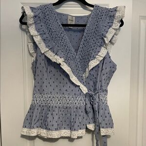 Anthropologie Blue and White Ruffle Blouse